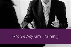 [ai] A man in a suit gestures while speaking, with another person partially visible in the foreground. The background features text stating "Pro Se Asylum Training" in a purple box.